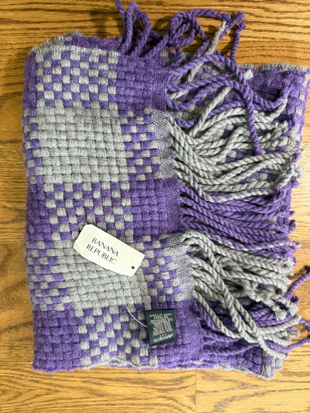 Banana Republic Wool + Cashmere Blend Purple and Gray Woven Fringe Scarf